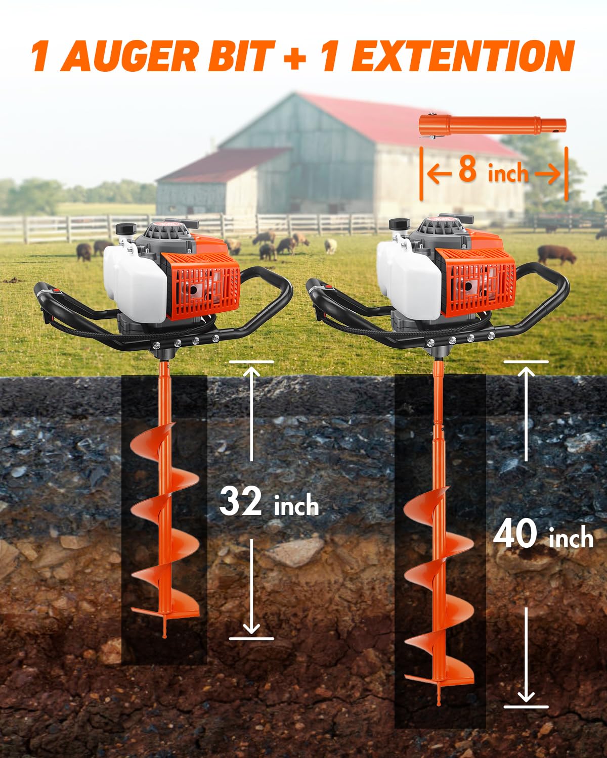 NEO-TEC 72CC Post Hole Digger Drill Gas Powered 2-Stroke & 8" Drill Bits + 1 Extension Bar, Earth Auger Petrol Drill Borer for Garden Lawn Auger Drill Bit for Planting