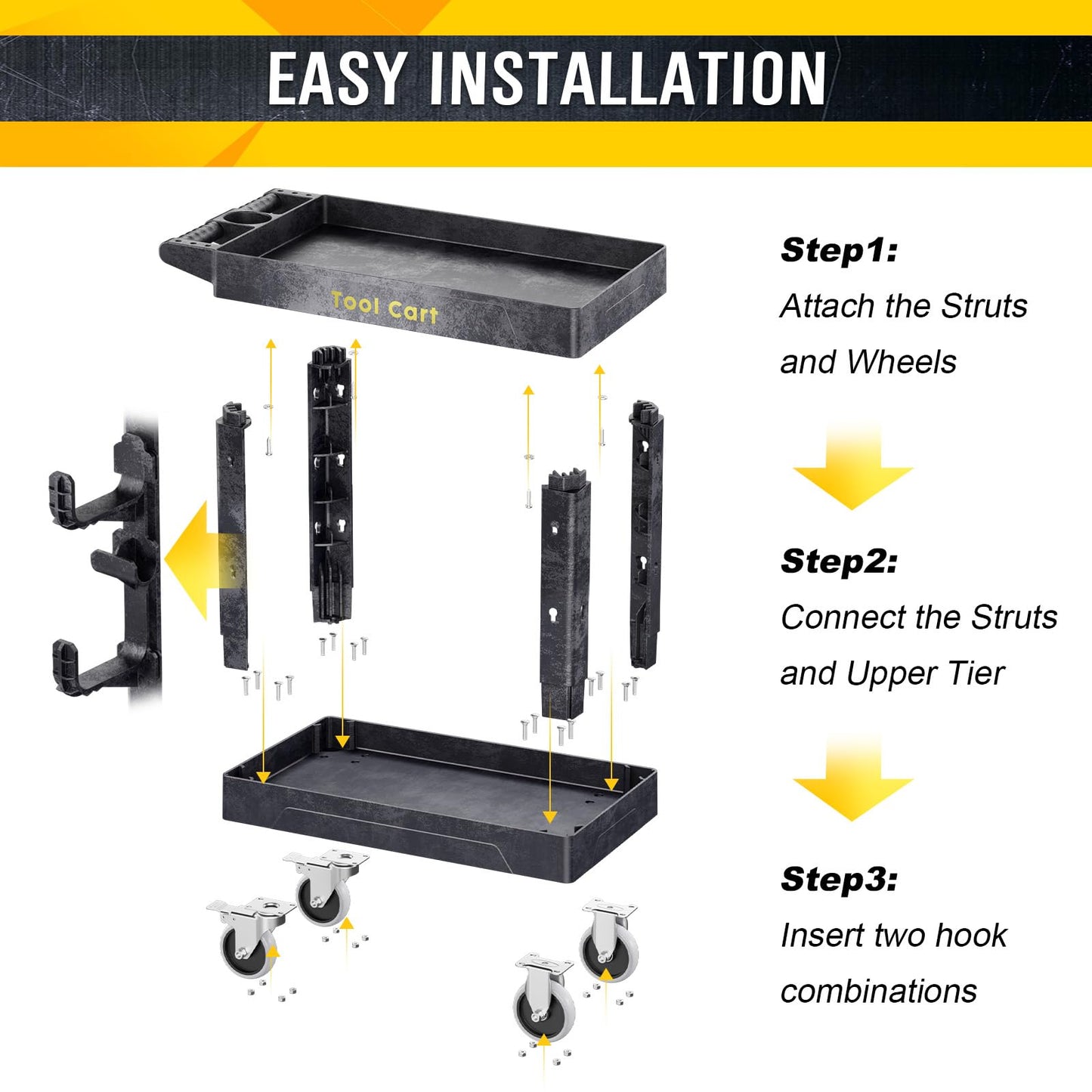 BSMTEK 850lbs Heavy Duty Plastic Utility Cart 34 x 17 Inch-Heavy Work Rolling Cart with Upgraded Side Tube Holder Hooks, 2 Tier Service Cart with Full Swivel Wheel for Warehouse,Garage, Cleaning,Black