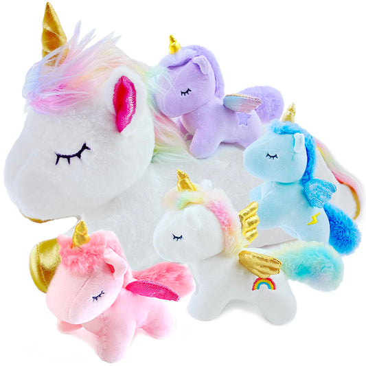 YUNCOL Unicorn Stuffed Animal,Cute Unicorn Mommy Stuffed Animal with 4 Baby Unicorns Plush in Tummy,Kawaii Unicorn Plush Toy Gift for Kids Girls Boys