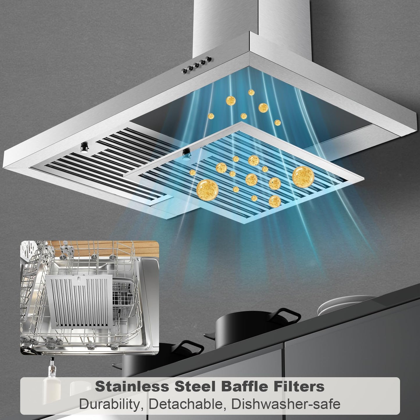 Zomagas Range Hood 30 inch, Wall Mount Range Hood Ducted/Ductless, Kitchen Hood in Stainless Steel, Vent Hood with Baffle Filters, 3 Speed Fan, Push Button Control, Energy-Saving LED Light