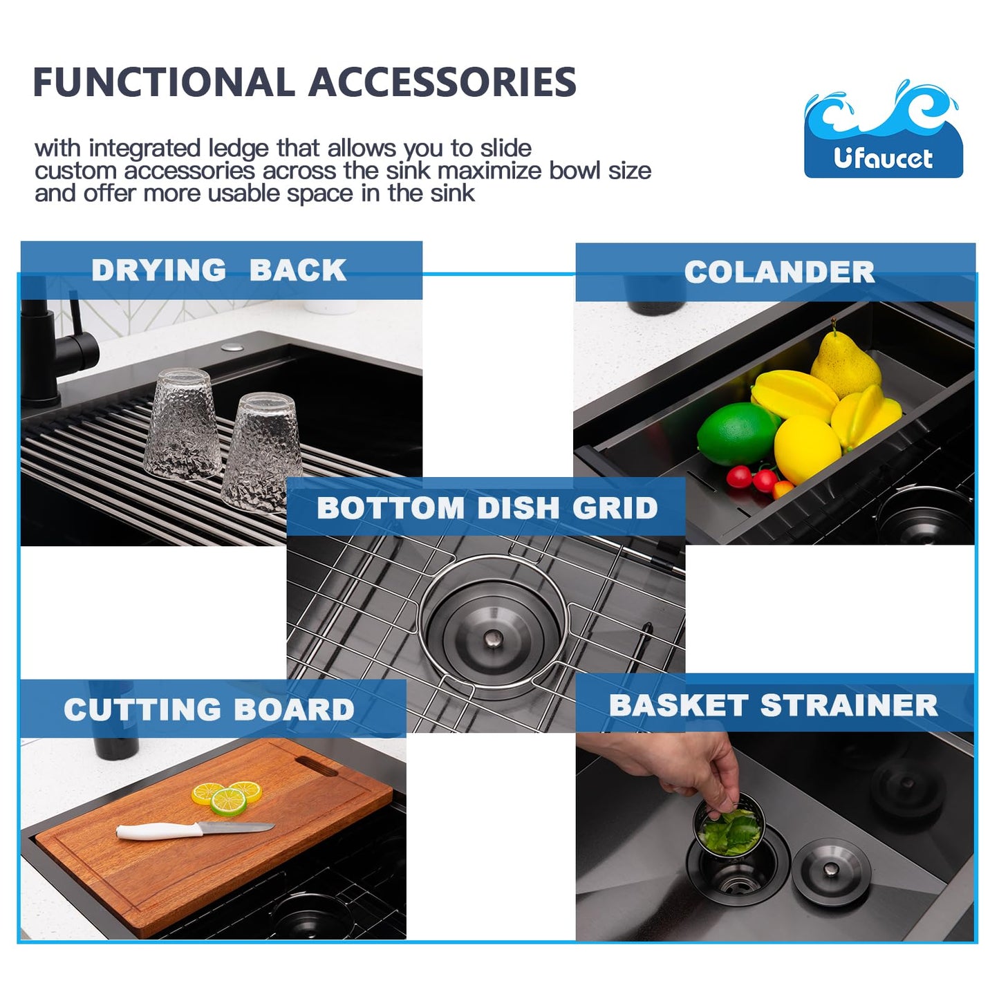 UFaucet 60/40 Drop In Double Bowl Kitchen Sink Black, 33x22 Inch Gunmetal Black Drop In Kitchen Sink Ledge Workstation 16 Gauge Stainless Steel Topmount Dual Basin with Cutting Board
