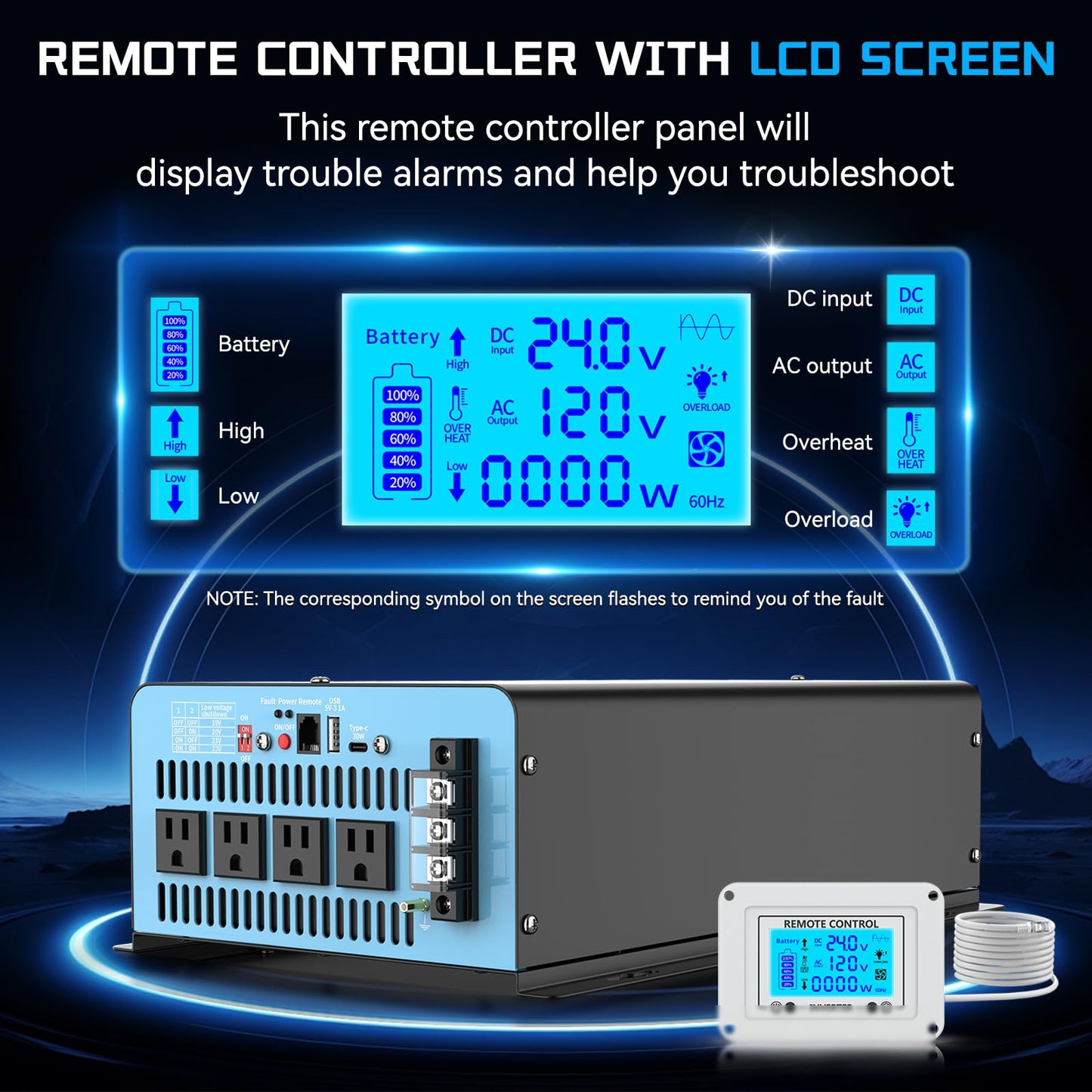 24V 3000 Watts Pure Sine Wave Inverter 24V DC to 110V AC, 6000W Peak Power, 4 AC Outlets, USB & Type-C Port, Adjustable Input for Lithium Battery, Solar/RV/Truck Backup with LCD Remote