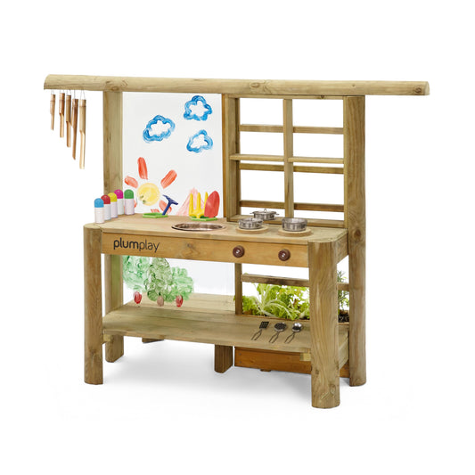 Plum® Discovery Mud Pie Kitchen for Kids Outdoor Toys - Play Toy Kitchen with Accessories, Wooden Kids Playset, with Built-in Gardening Planter and Painting Easel for Kid Age 3+