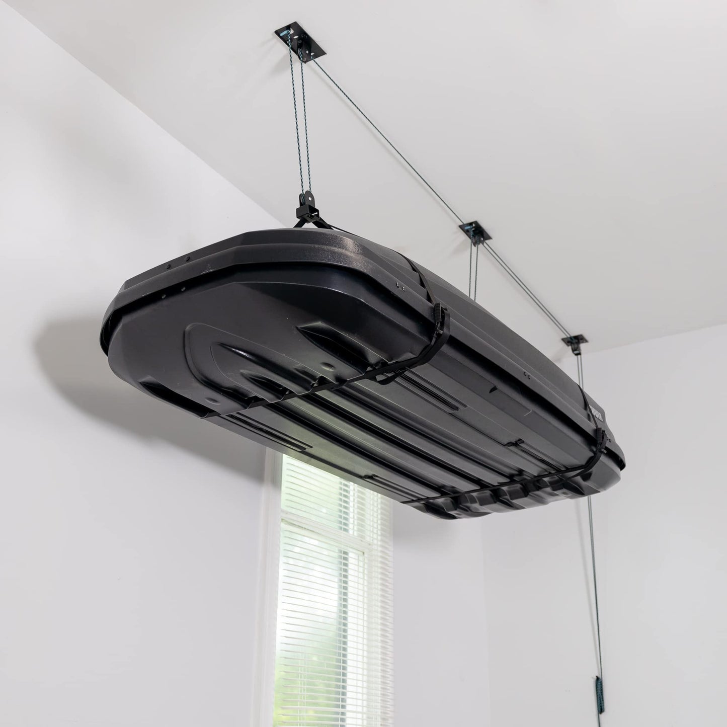 Teal Triangle Ceiling Storage Hoist for Cargo Box - Heavy Duty Garage Storage Lift - Garage Pulley Lift System Holds 150 lbs and Fits 8-10 ft Tall Garage Ceilings