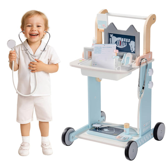 ROBUD Toddler Doctor Play Set, Complete Doctor Kit for Kids with Adjustable Height and Medical Tools, Wooden Pretend Play Pet Doctor Cart for Kids Aged 3+, Vet Kit for Imaginative Role Play Fun