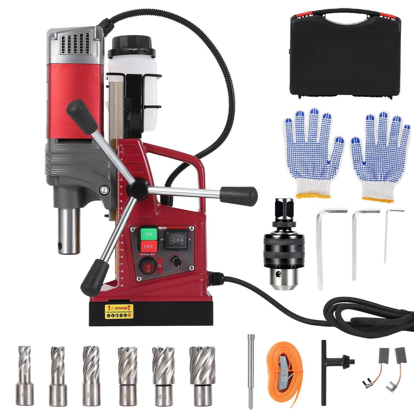 Mag Drill Press, Portable Magnetic Drill Press with 1.57" Boring Diameter, 1550w 3147 Lbf/14000n 750 RPM Power Mag Force Electric Drilling Machine 6 Drills for Metal Surface