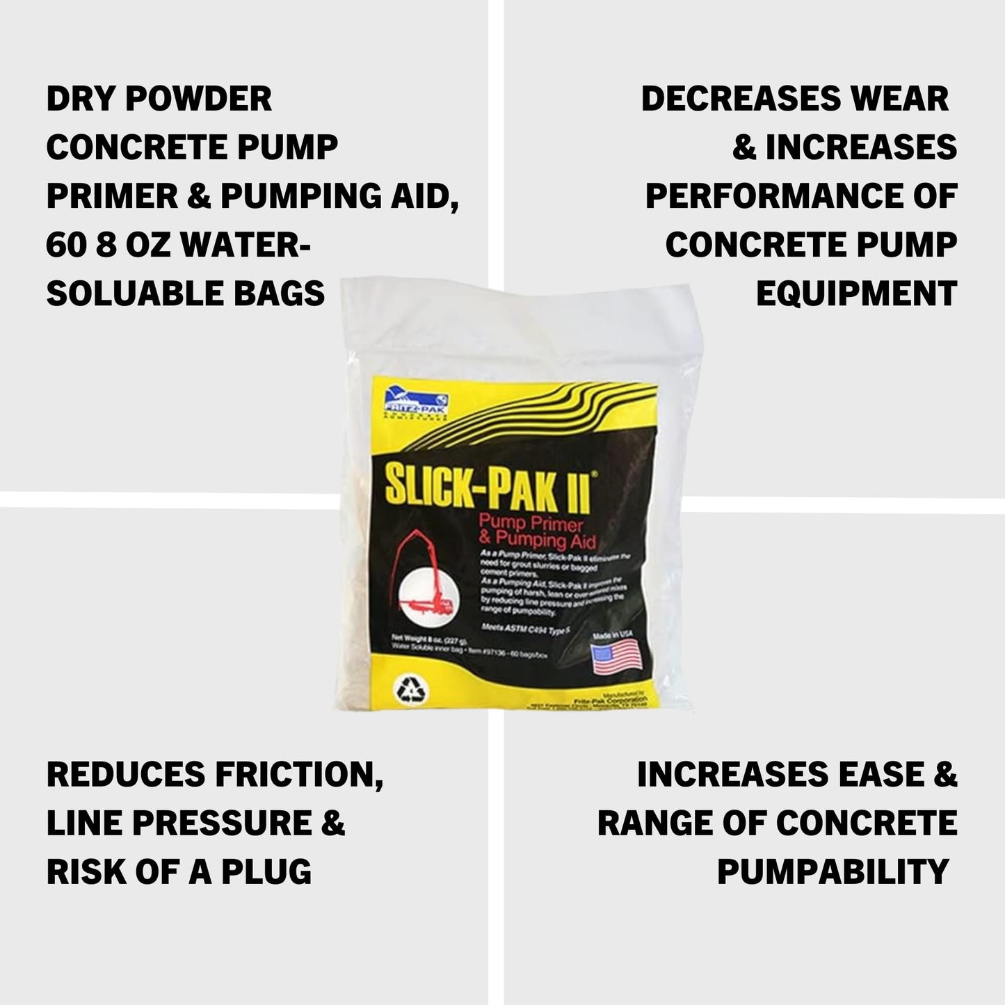 Fritz Pak Slick Pak II Concrete Pump Primer and Pumping Aid, 60-8oz Bags, Made in USA, Con Forms