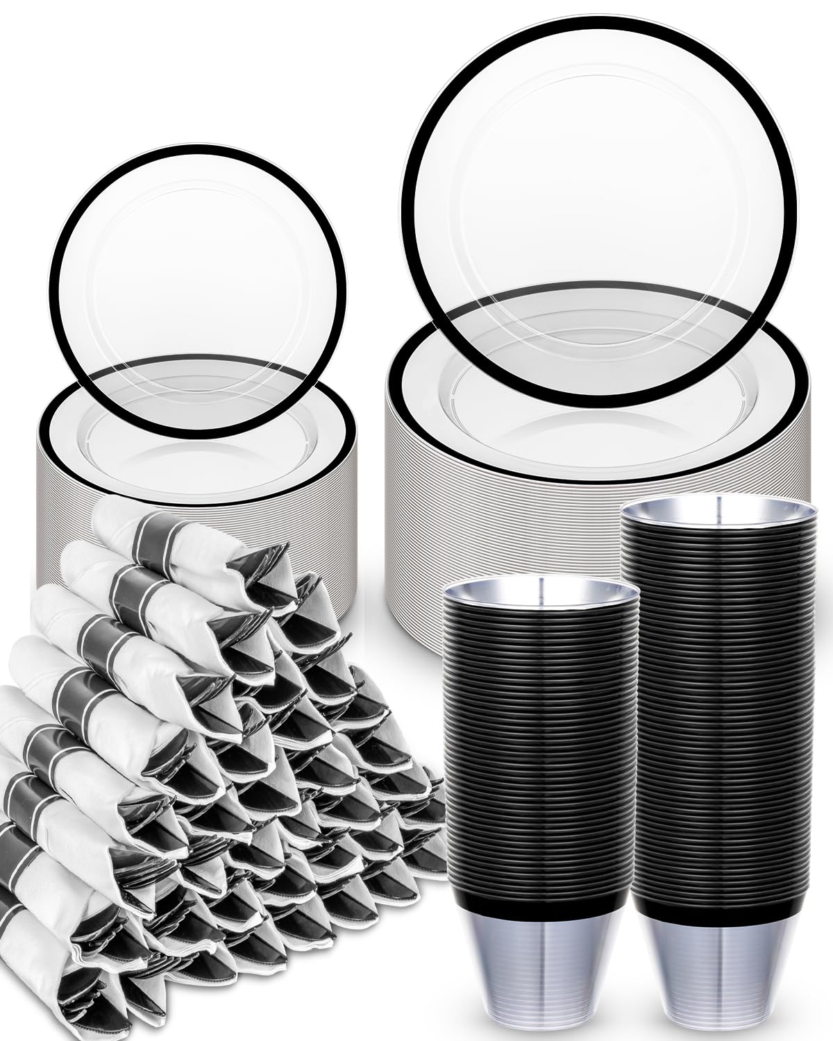 BESTVIP 350Pcs Clear Black Plastic Plates for Party, Disposable Dinnerware Set for 50 Guests, 100 Plastic Plates, 50 Cups, 50 Pre-Rolled Napkins with Cutlery for Graduation Party, Wedding, Halloween