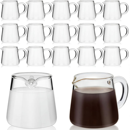Suclain 16 Pcs Small Glass Creamer Pitcher with Spout Milk Frothing 2.3 oz Mini Milk Pourer Small Glass Pitcher with Handle Carafe Coffee Mug Pot Tea Frother Cup for Table Serving Kitchen