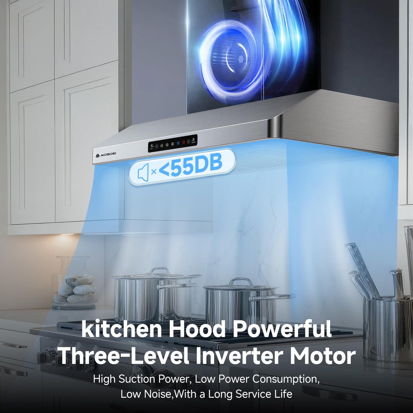 AAOBOSI 36 Inch Under Cabinet Range Hood, 800 CFM Stainless Steel Kitchen Vent Hood with Gesture Sensing, Touch Control, 3-Speed Exhaust Fan, LED Lights, Ducted Range Hood