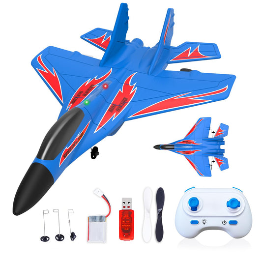 QFCST Foam Remote Control Wireless Airplanes RC Planes, Remote Control Fighter Toys, 2CH 2.4Ghz RC Fighter Jet with Light, Hobby Rc Airplanes Easy to Fly for Kids Boys Adults(Blue)