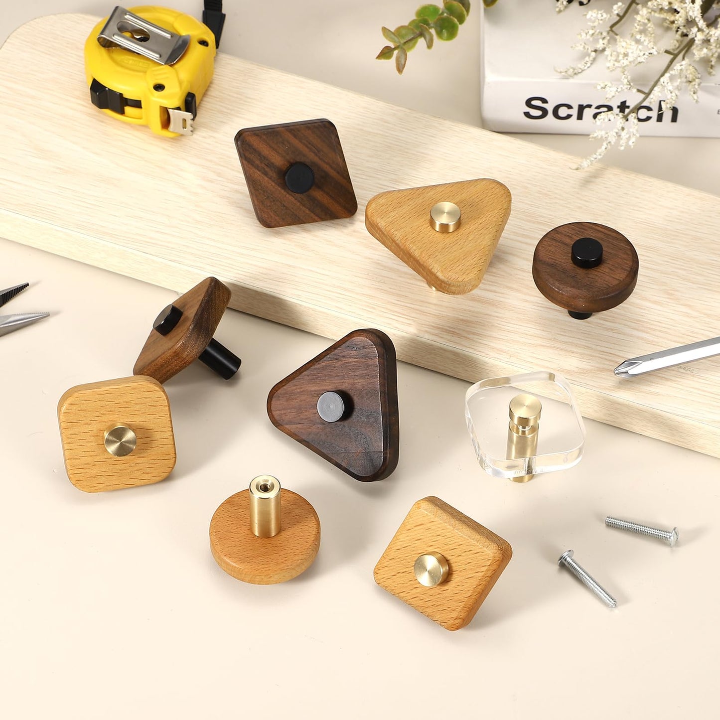 uxcell 6 Pcs Wood Cabinet Knobs, 2.2 Inch Triangular Single Hole Wooden Drawer Knobs Mushroom Shape Handle Pulls with Screws for Furniture Closet Dresser, Copper Wood Color