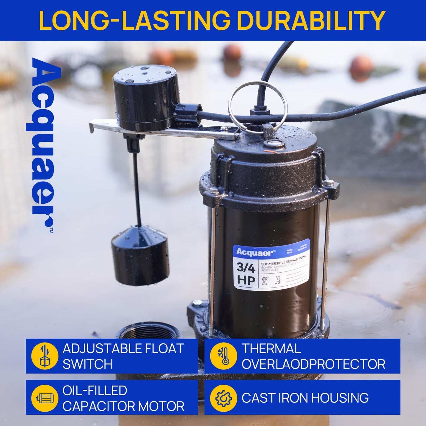 Acquaer 3/4HP Sewage Pump Submersible, 6400 GPH Cast Iron with Automatic Integrated Vertical Float Switch and Piggyback Plug, 2'' NPT Discharge Basements Pump for Wastewater, Sewer