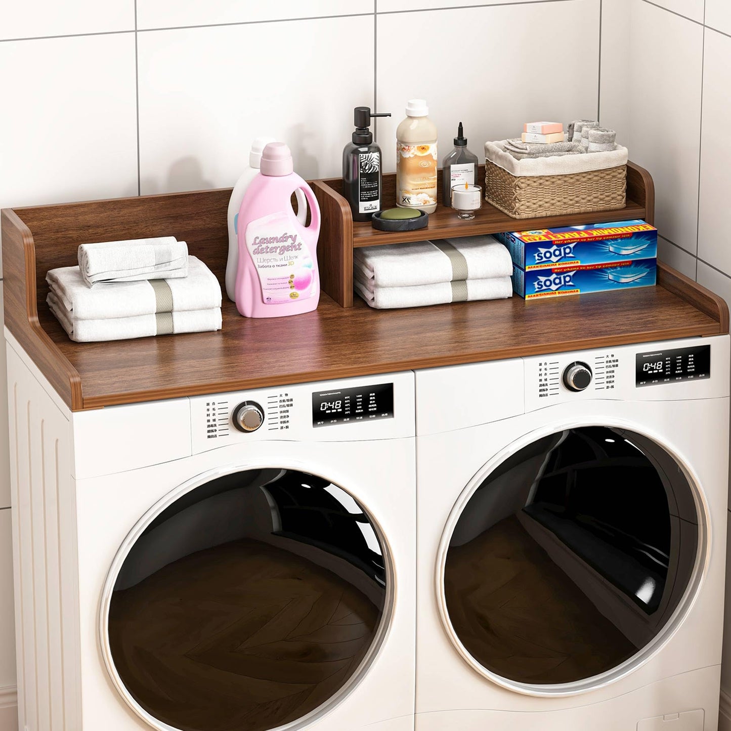 BREENHILL Washer Dryer Countertop with Open Storage Shelf & Raised Edge Guard, Laundry Room Storage Shelf Over Washer Dryer, Non-Slip Wood Organizer Topper, Walnut Finish