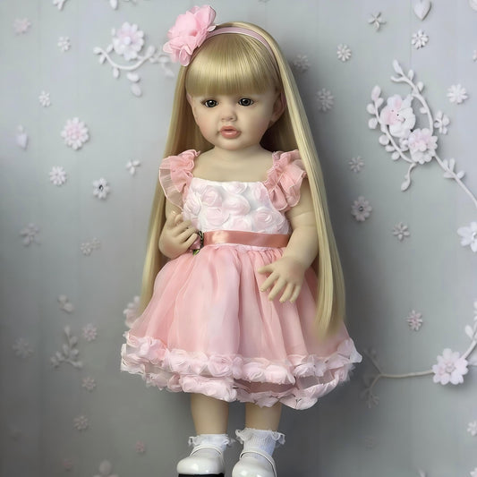 Pinky Lovely 22inch 55cm Reborn Baby Dolls Girl Real Life Full Body Soft Vinyl Newborn Baby Dolls Realistic Look Long Hair Princess Baby Doll Toy for Ages 3+