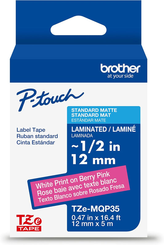 (TZeMQP35), Laminated,1/2in 16.4ft (12mm 5m), Brother Genuine P-Touch TZe White Print on Berry Pink Label Tape x x