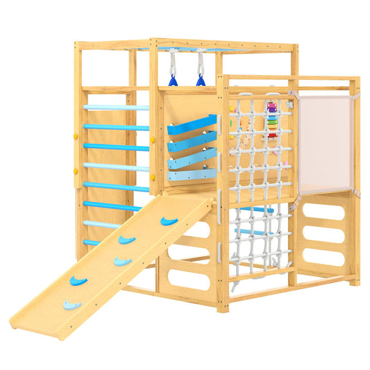 9-IN-1 Outdoor Indoor Jungle Gym, Montessori Wooden indoor playground for kids 2-8, Wooden Climbing Structure with Slide, Monkey Bars, Rope Ladder, Rock Wall, Climbing Net, Rings - Natural Wood Blue