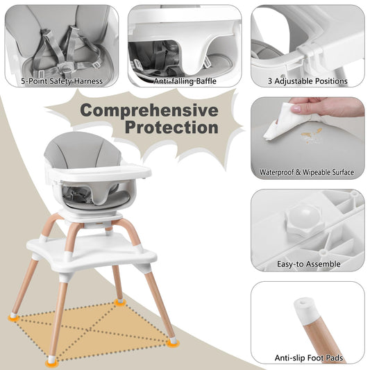 Komcot Baby High Chair, 7 in 1 Convertible High Chairs for Babies and Toddlers, Kids Learning Table, Building Block Table, Toddler Dining Chair with 360° Rotating Seat, 5-Point Safety Harness (Grey)