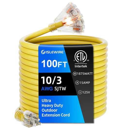 100FT 10 Gauge Outdoor Extension Cord with Multiple Outlets, Heavy Duty Waterproof 3 Prong Power Cord with Lighted 3-Outlets, 15A 1875W Yellow Extension Cord for Garage, Garden, Jobsite, ETL Listed