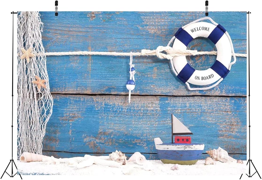 BELECO 5x3ft Fabric Nautical Backdrop Life Buoy and Toy Boat Shells on Blue Wooden Background Phtography Backdrop