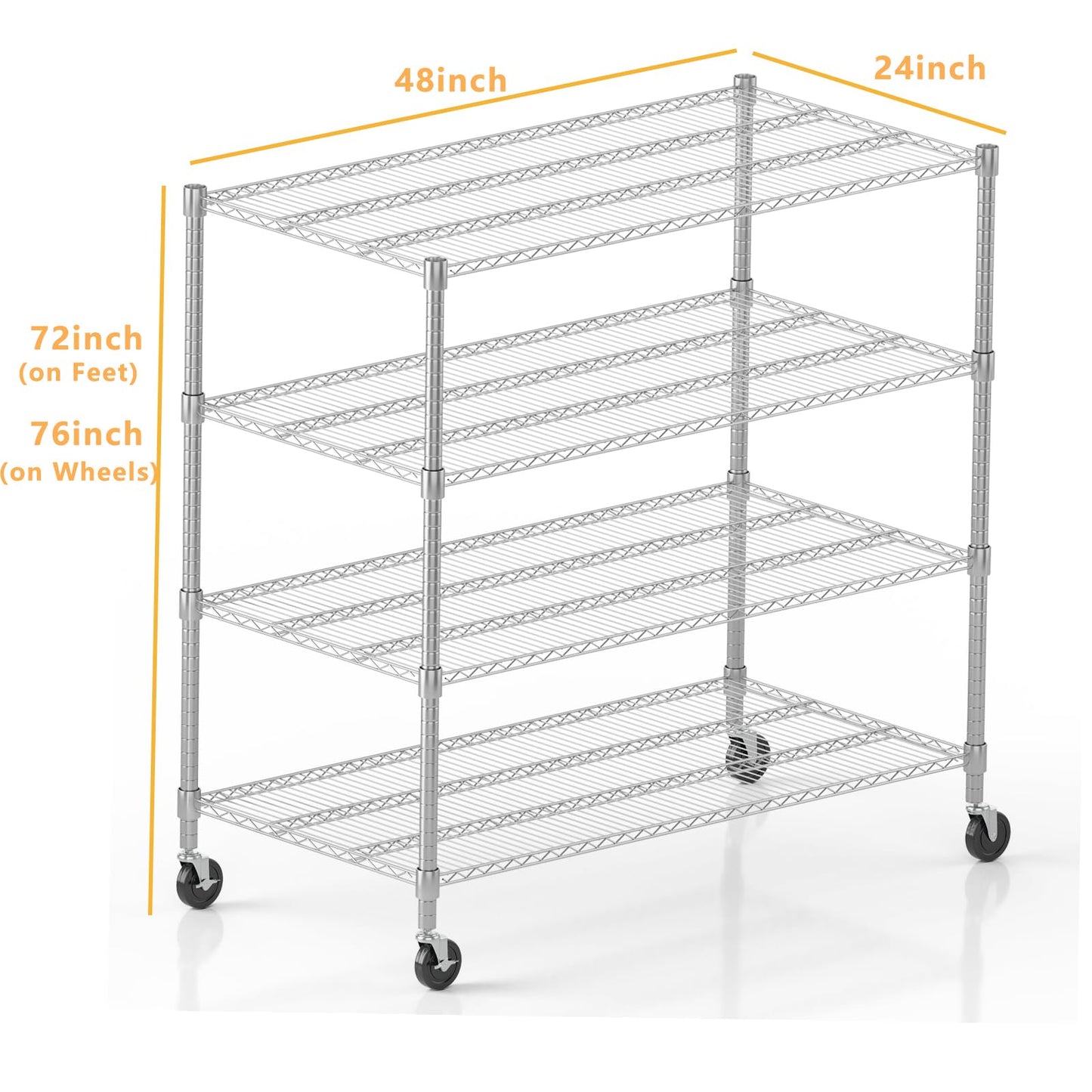 Himimi 4 Tier Wire Shelving with Wheels Heavy Duty Height Adjustable Metal Shelves for Storage, Commercial Grade Steel Utility Wire Rack for Kitchen Garage Pantry Organization-24×48×72, Silver