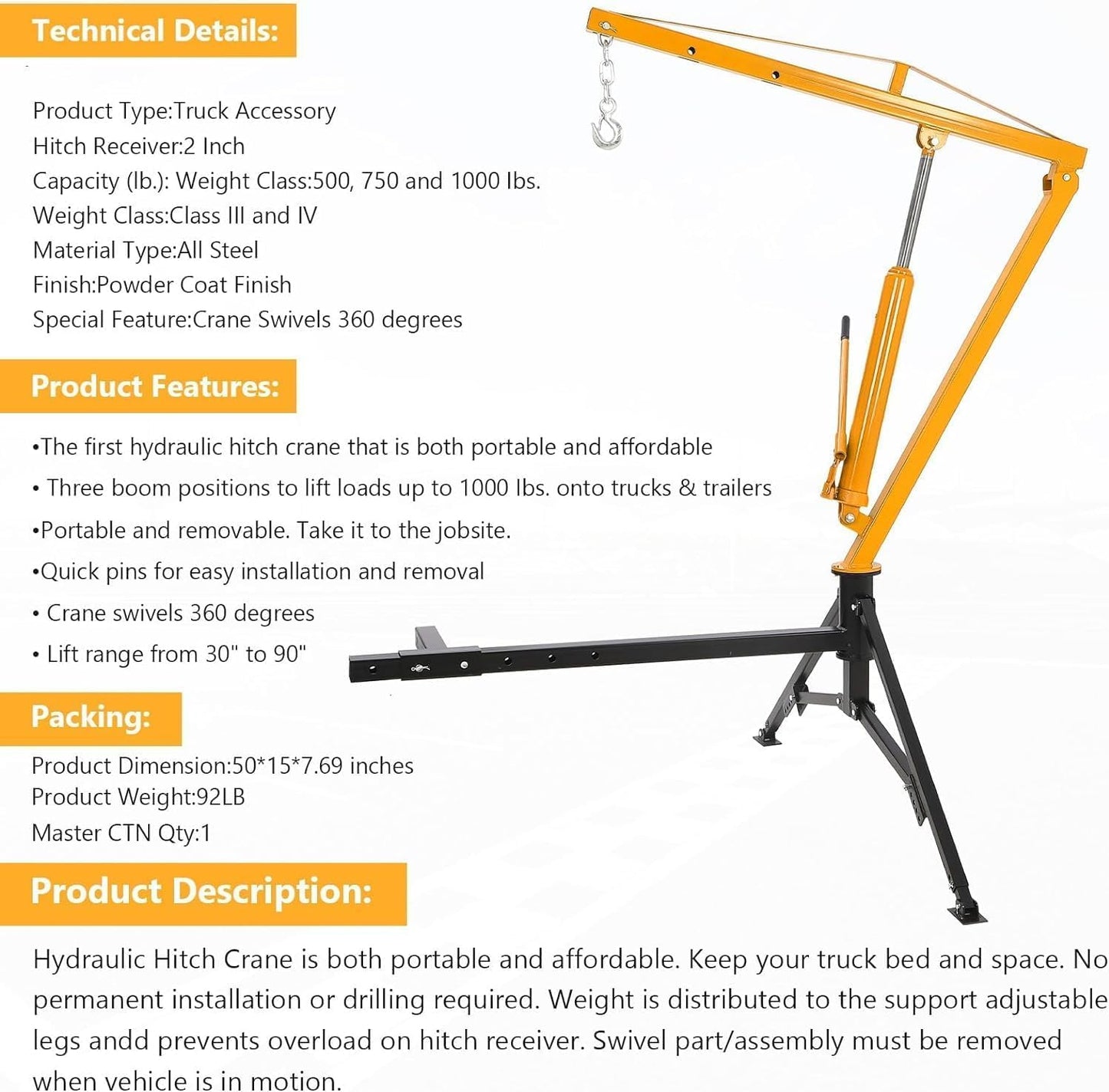 GarveeLife 1000 LBS Hydraulic Pickup Truck Crane, 360° Swivel Hitch Mounted Hoist with 3 Adjustable Booms, Truck Bed Crane for Lifting Engine, Deer, or Construction Goods-Yellow