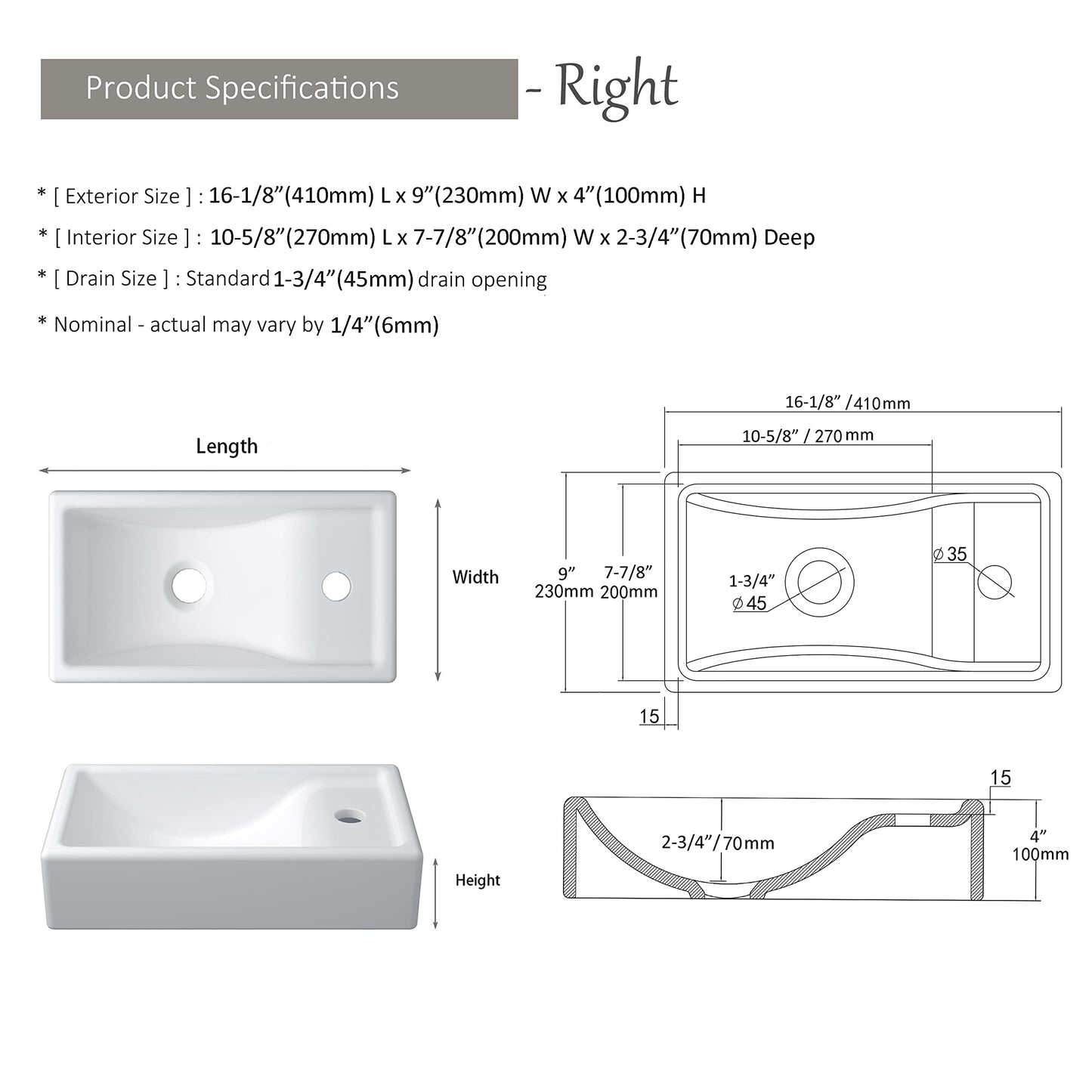 MEJE 16-Inch Wall Hung Basin Sink Combo, Small Cloakroom Basin, Rectangle Ceramic Bathroom Wash Basin - Right Hand Sink Set (Include Faucet & Pop-up Drain)