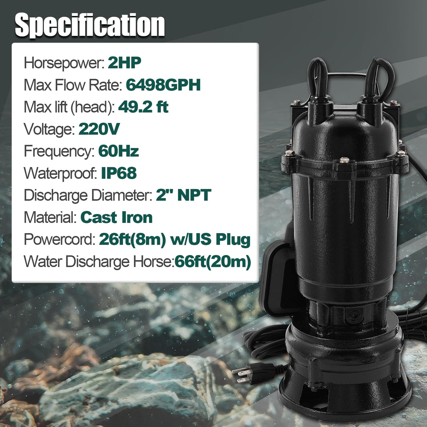 Dewinston 2HP Submersible Sump Pump 220V Cast Iron Sewage/Effluent Pump with Float Switch and 66ft Hose, 2'' NPT Discharge, 6498GPH, 1500w