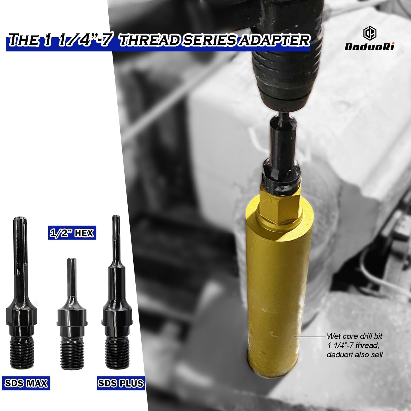DaduoRi 7" Wet Core Drill Bit & SDS Max Shank Drill Adapter - 7" Diameter Core Bits for Concrete, 14" Drilling Depth, 1-1/4"-7 Thread Diamond Core Bit for Cured Concrete, Masonry, Brick