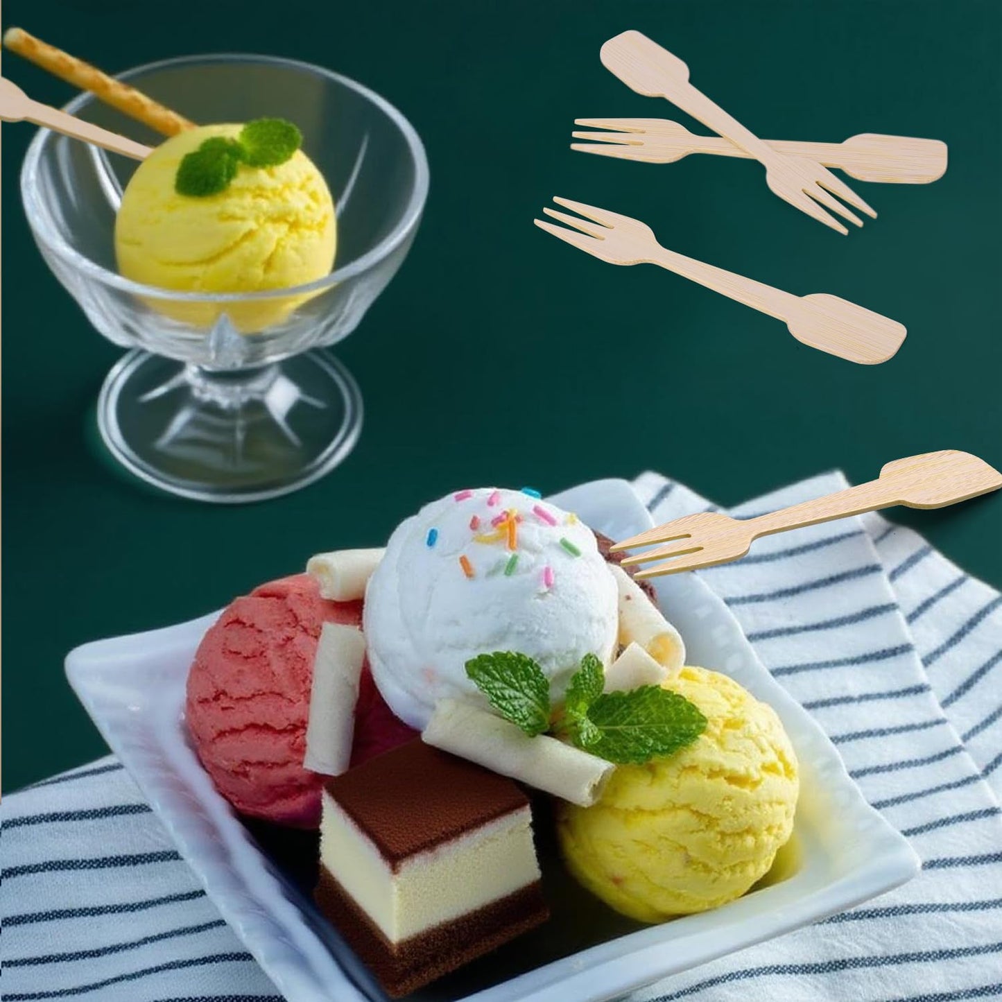 200 Bamboo Fork and Spoon 2 in 1, 4.72" Disposable Forks Spoons Combo Composatable Utensils for Charcuterie, Desserts, Appetizers, Snacks, Ice Cream, Small/Mini/Little Cutlery for Parties/Wedding