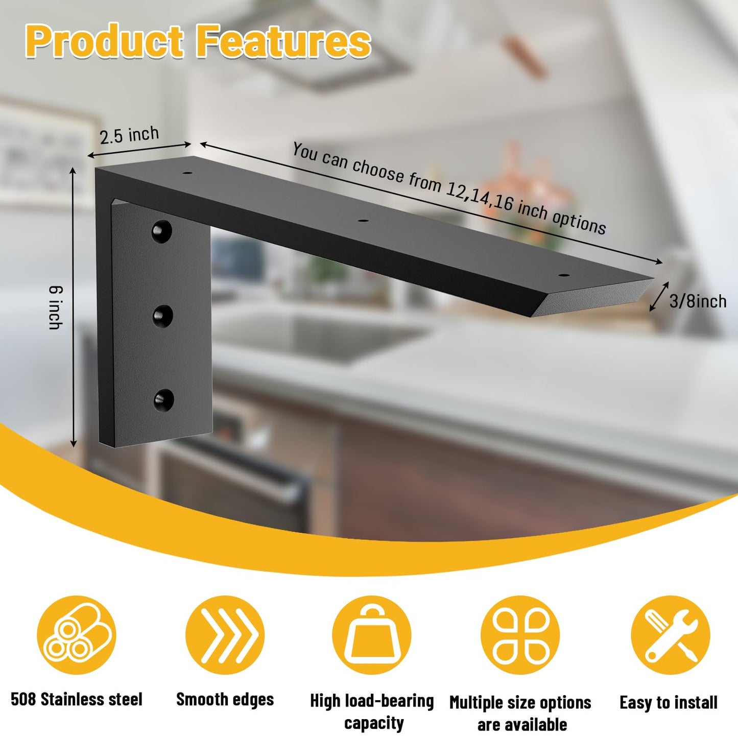 Countertop Support Bracket 16 inch 4 Pack (3/8" Thick),Premium Heavy Duty Granite Countertop Brackets 16"x6"x2.5",Shelf L Bracket Mantel Corbels for Quartz,Wood,Concrete and Laminate Countertops