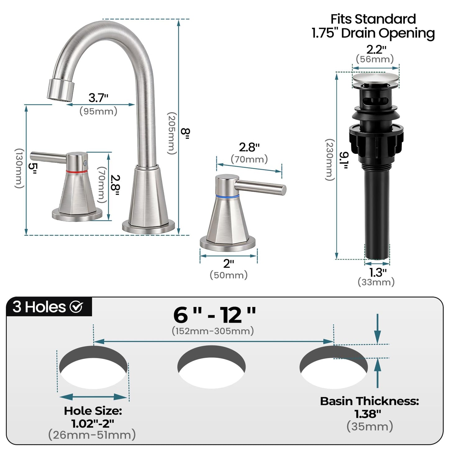 LUFG Bathroom Faucet 3 Hole, Brushed Nickel Bathroom Sink Faucet with 360°Swivel Spout, 8 inch Widespread 2 Handle Faucet for Bathroom Sink Vanity RV with Pop-up Drain Supply Line Stainless Steel