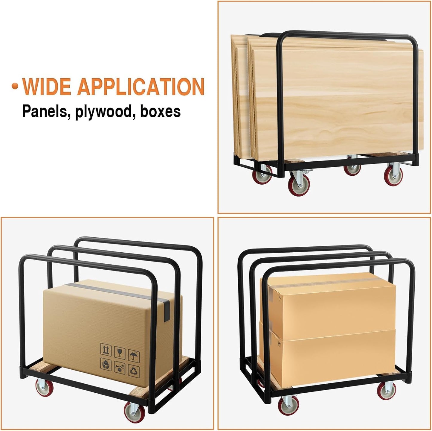OUKIDR Steel Panel Truck, 1500lbs Capacity Panel Dolly Cart with 4 Swivel Casters and Removable Handrails, Heavy Duty Plywood Cart for Moving Lumber, Luggage Cargo, Warehouse Workshop Use, Black