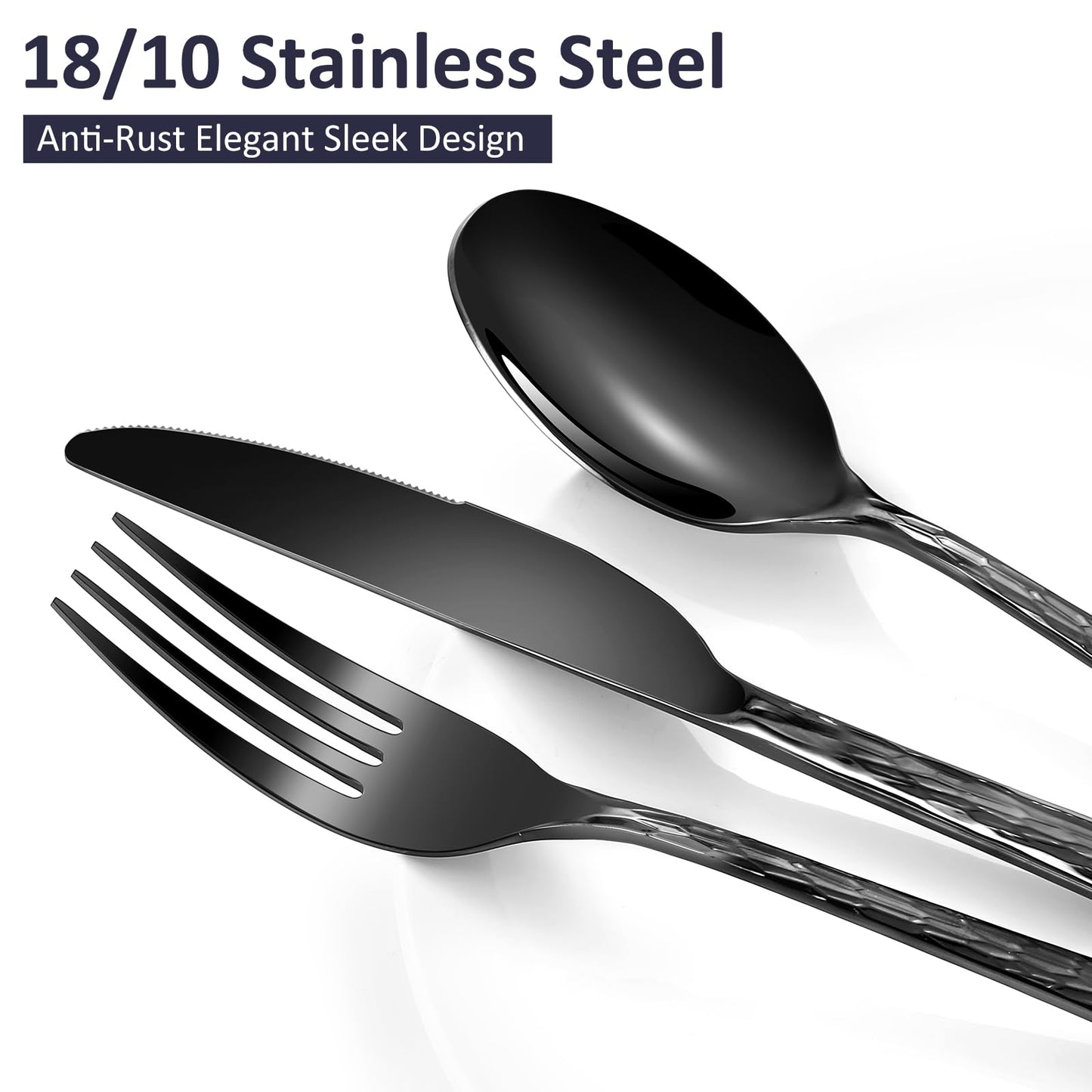 Izurok Black Hammered Silverware Set for 6, 30 Piece Heavy Duty Silverware, 18/10 Stainless Steel Flatware Cutlery Utensil Set for Wedding Festival Gift, Mirror Polished, Dishwasher Safe