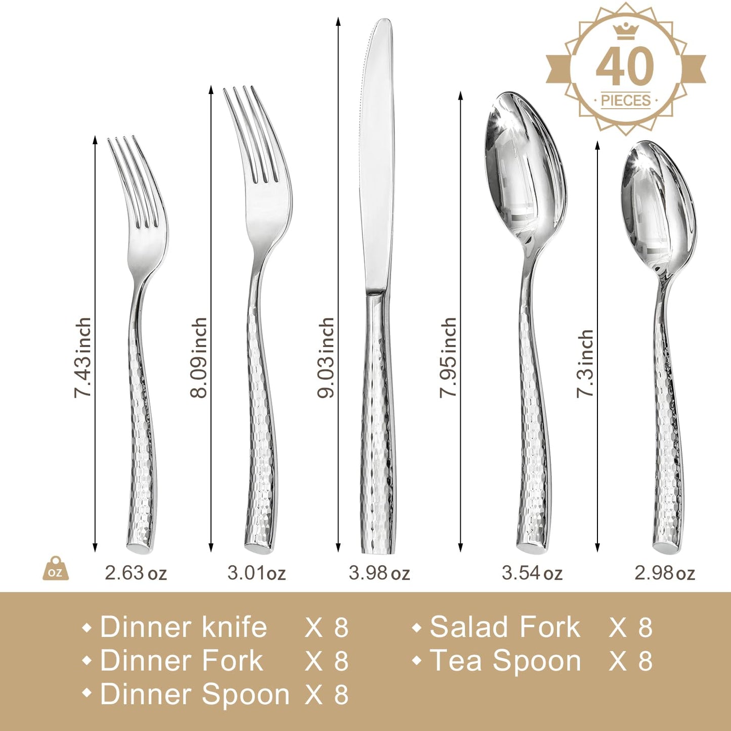 Kingstone Hammered Silverware Set, 40-Piece Flatware Set for 8, 18/10 Stainless Steel Heavy Duty Cutlery Set, Mirror Polished Utensil Sets for Home, Restaurant, Wedding, Dishwasher Safe
