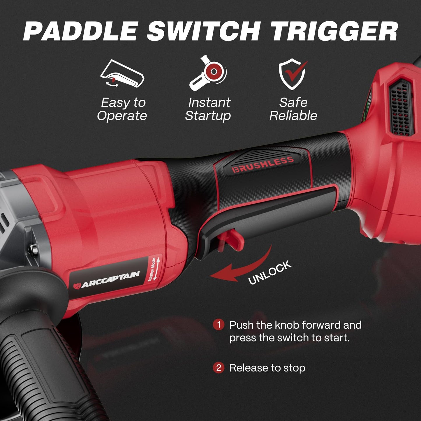 ARCCAPTAIN Angle Grinder Kit, 4-1/2 to 5",【Paddle Switch】9500RPM 1200W Brushless Power Motor Cordless Angle Grinder with 2PCS 4.0AH Batteries, 180°Rotatable Grinder Tool for Cutting/Grinding/Polishing