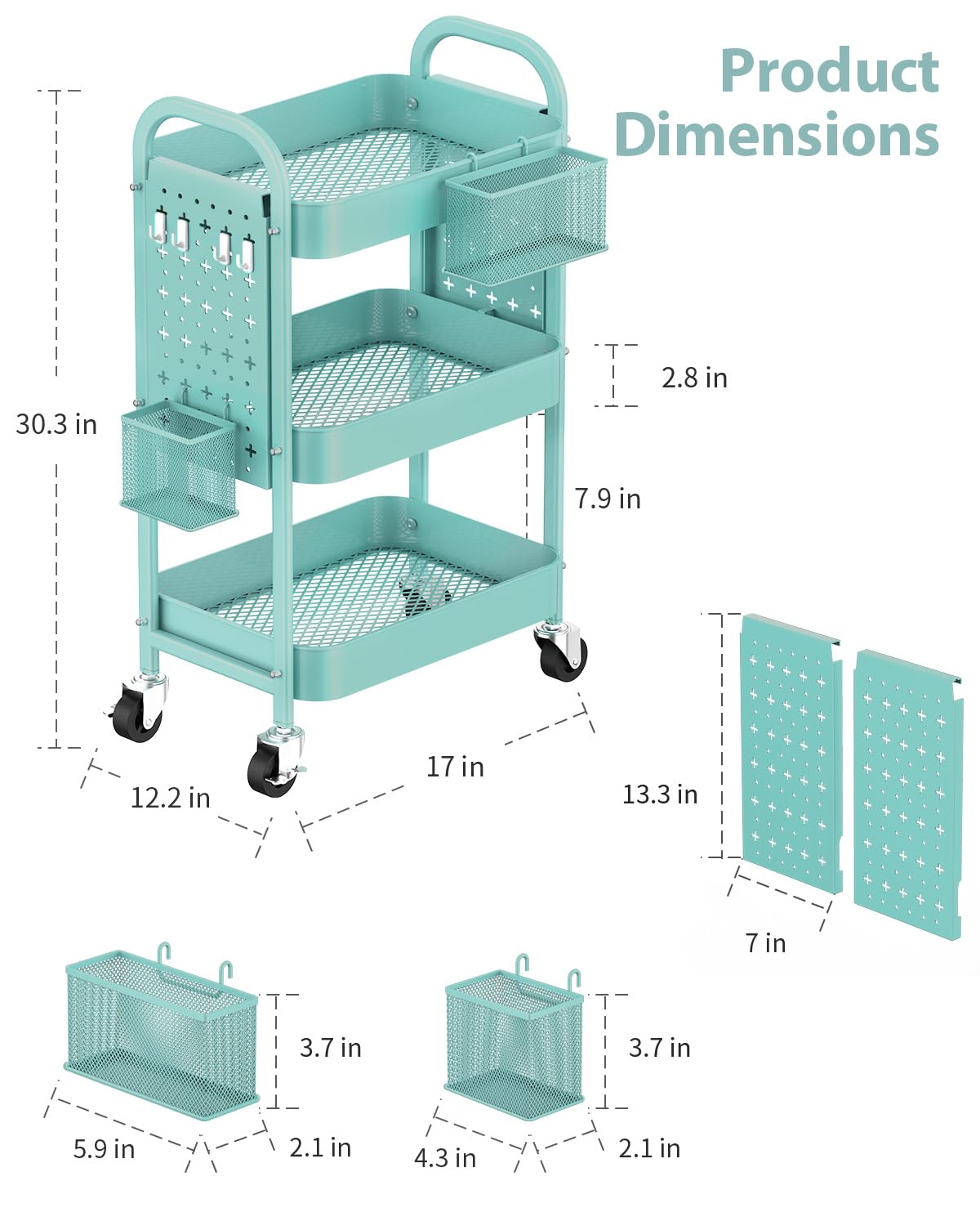 ALVOROG 3 Tier Rolling Cart with DIY Pegboards Metal Utility Cart with Wheels Handles Baskets Hooks, Craft Cart for Office Kitchen Bathroom(Tiffany Blue)