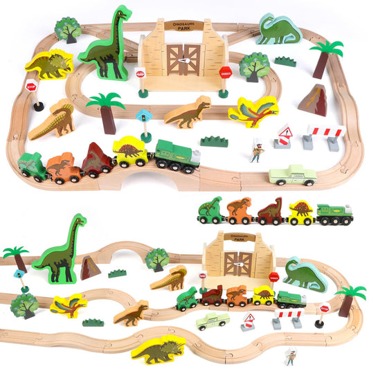 Canuan Wooden Train Set, Dinosaur Toys for Kids 3-5, Compatible with Major Brands, STEM Railway Playset, Ideal Wooden Train Track Set for 3 4 5 6 7 8 Year Old Kids Boy Girl