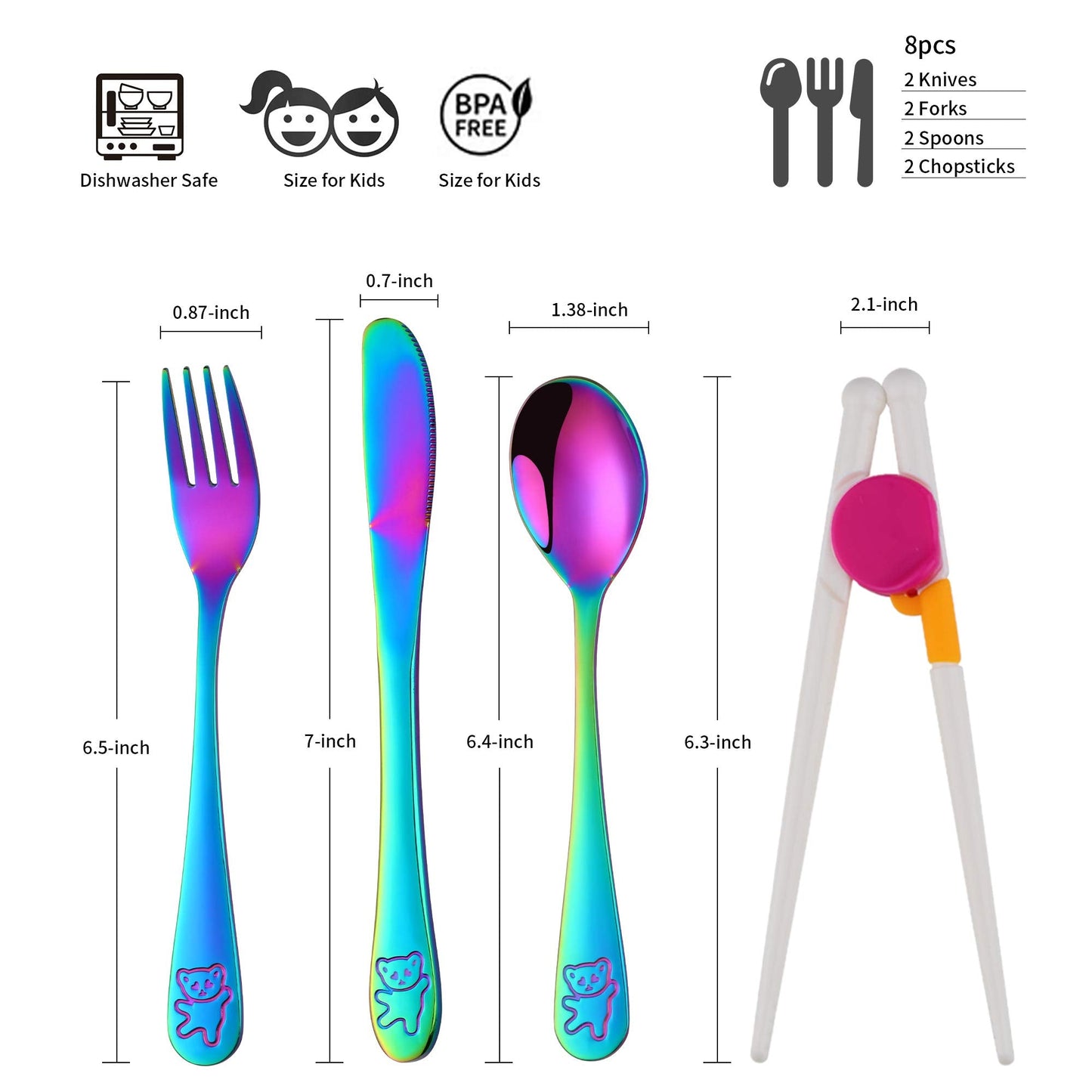 Stainless Steel Kids Silverware with Training Chopsticks, 8 Pieces Rainbow Toddler Utensils for 4-12 Years Old, Food Grade Metal Kids Utensils Set, Children Safe Flatware, Dishwasher Safe, Poylim