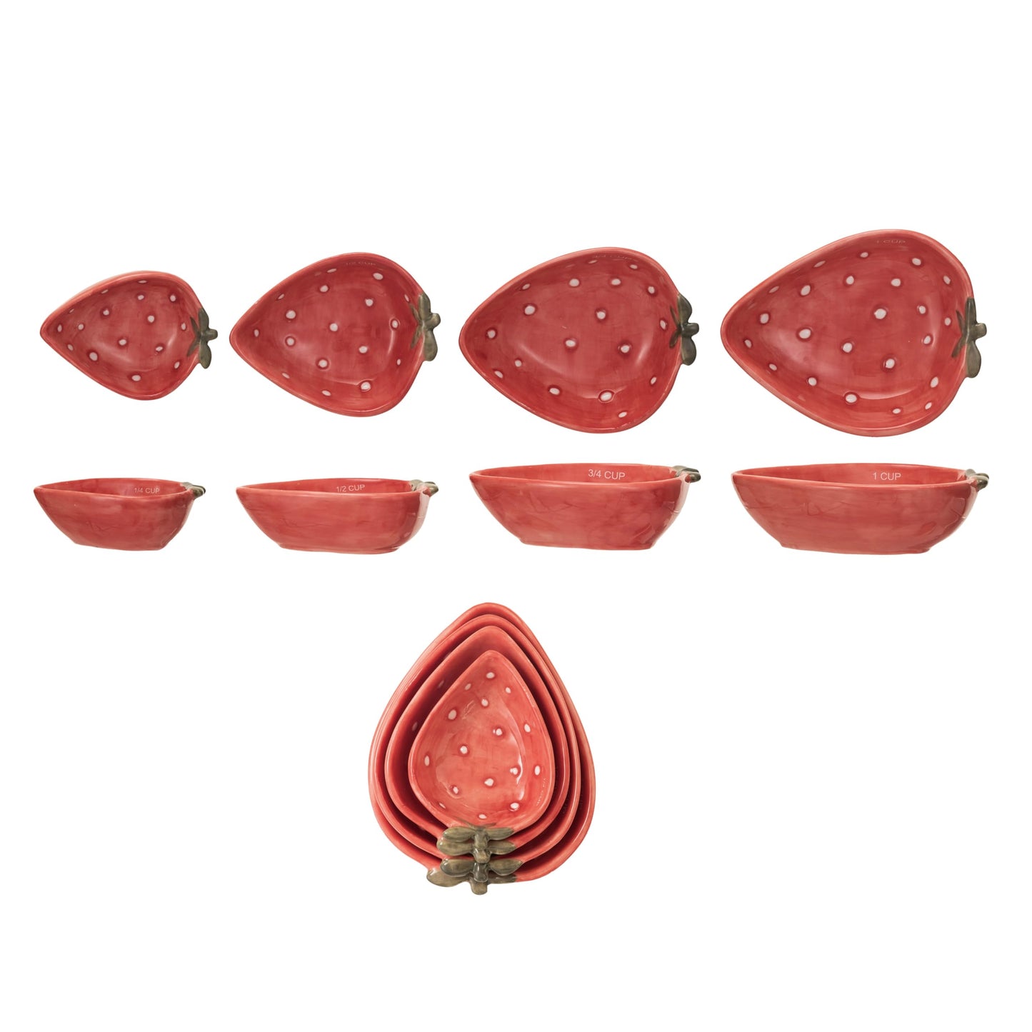 Creative Co-Op Hand-Painted Strawberry Stoneware Measuring Cups, Red and White, Set of 4