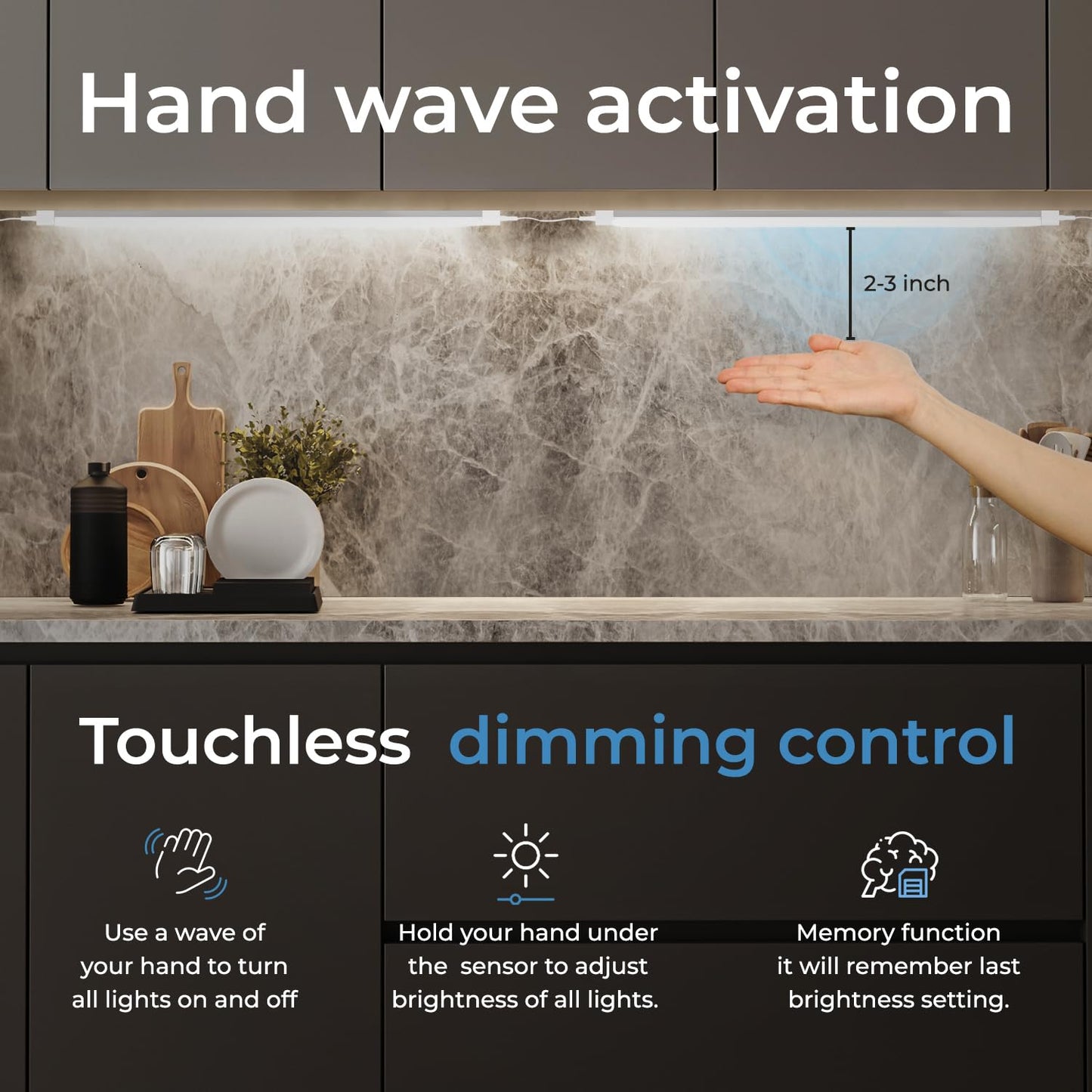 EShine Hand Wave Activated Under Cabinet LED Lighting Kit, Dimmable, 6-Pack 12 in - Touchless Dimming Control, Black Under Counter Lights for Kitchen, Garage, Office, Shelf - Warm White (3000K)