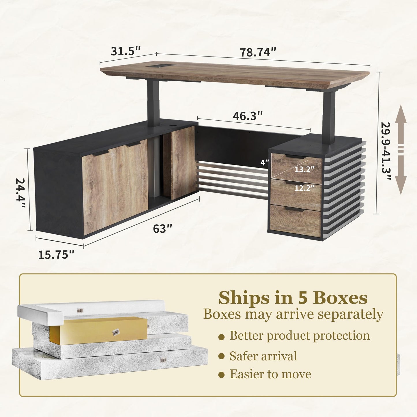 ONNAHOMEStlyle 78.74IN Adjustable Heigh L Shaped Executive Desk w/Cabinet Storage, Modern Computer Standing Home Office Desk w/Universal Charging Ports, Large Writing Table Business Workstation