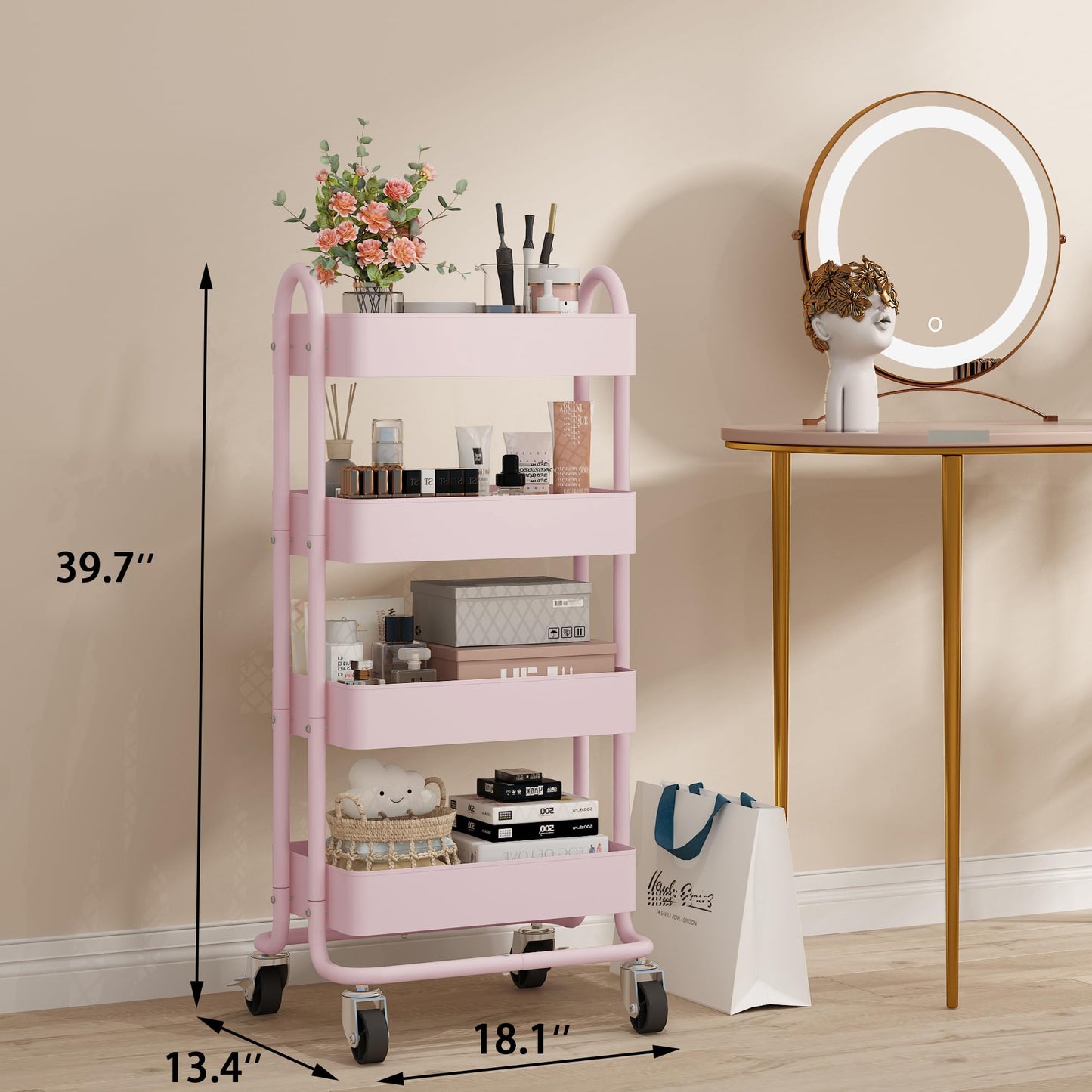 Elitehouse 4 Tier Metal Rolling Cart Pink Utility Cart with Wheels,Rolling Pink Cart for Office,Home,Kitchen,Garden（13.4"x18.1"x40"）