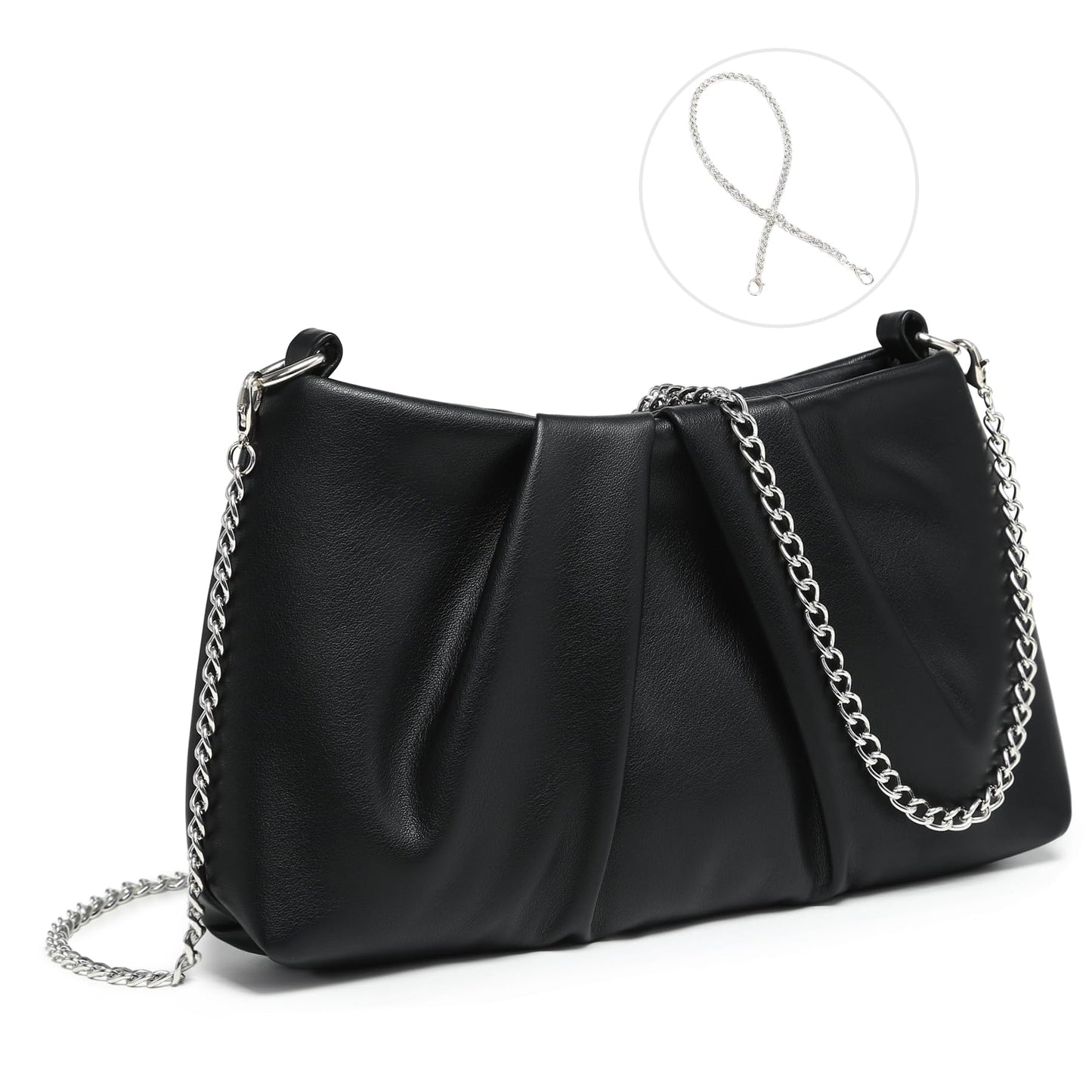 Dasein Elegant Pleated Evening Bag Soft Vegan Leather Clutch Purse Dressy Formal Handbag with 2 Chain Straps for Women (Black)