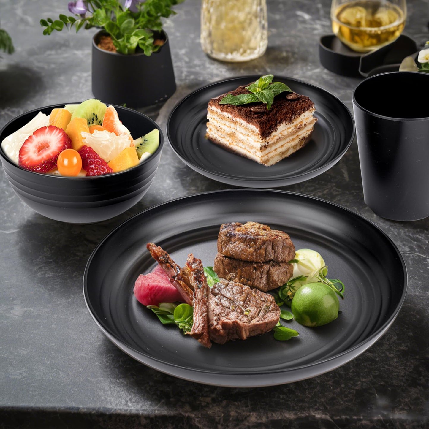LIYH Black Plastic Wheat Straw Dinnerware Sets Unbreakable Dinner Plates for 4 Black Plates and Bowls Set Include Wheat Straw Plate Bowls Cups Dish Set for Kitchen&Camping
