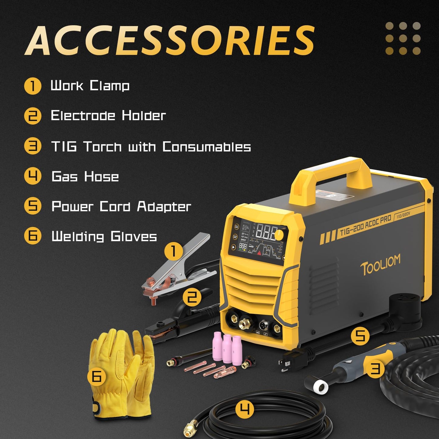 TOOLIOM 200A AC/DC TIG Welder with Pulse, Dual Voltage 110V/220V, Aluminum Welder with IGBT Inverter, Large LED Display, AC TIG/DC TIG/Pulse TIG/SPOT TIG/Stick Multiprocess Welding Machine