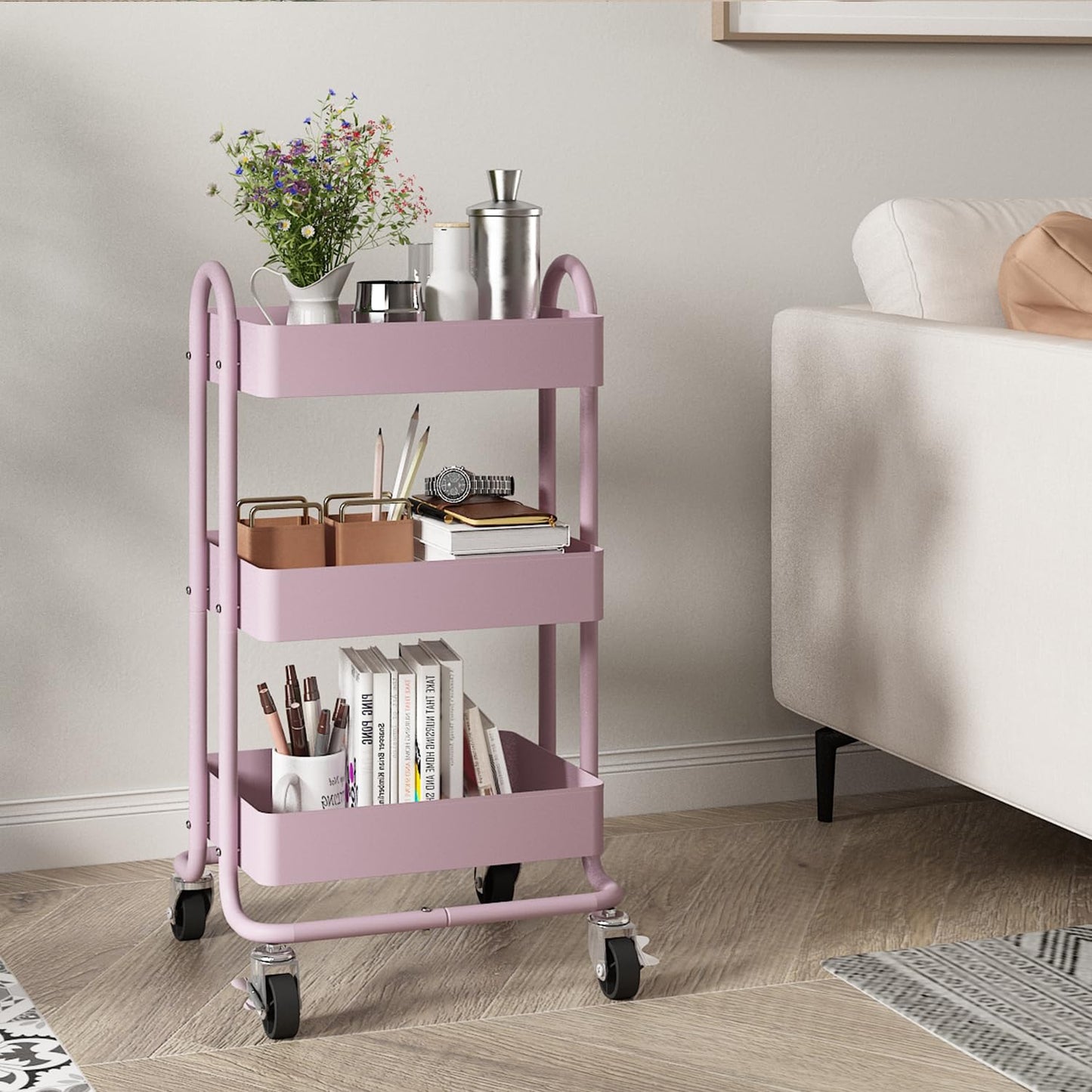 Elitehouse Metal Rolling Cart,3-Tier Pink Rolling Cart with Wheels,Metal Utility Cart with Wheels for Office,Home,Kitchen,Garden（13.4"x18.1"x31"） Pink