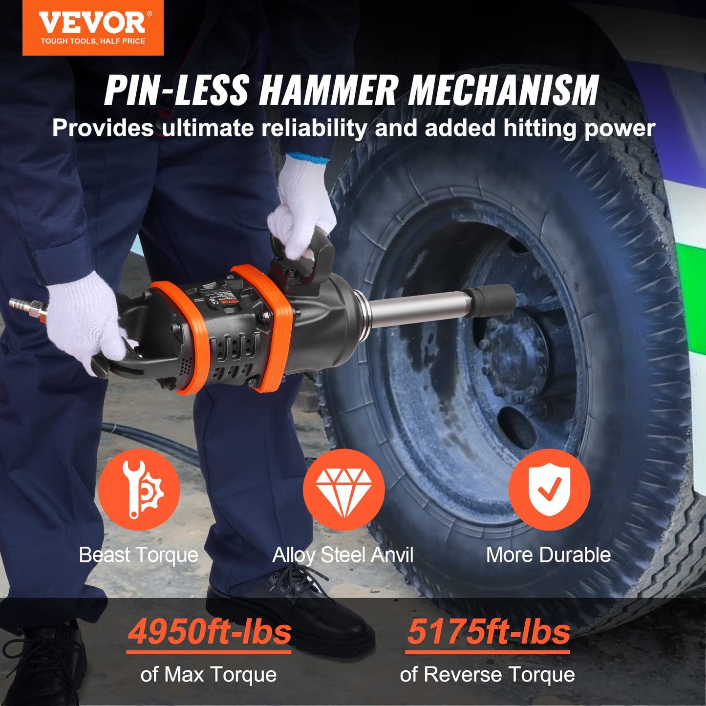 VEVOR 1 Inch Air Impact Wrench, Up to 5175 ft-lbs Beast Reverse Torque Output Pneumatic Impact w/ 8 Inch Anvil for Heavy Duty Machinery/Semi-Truck/Bus