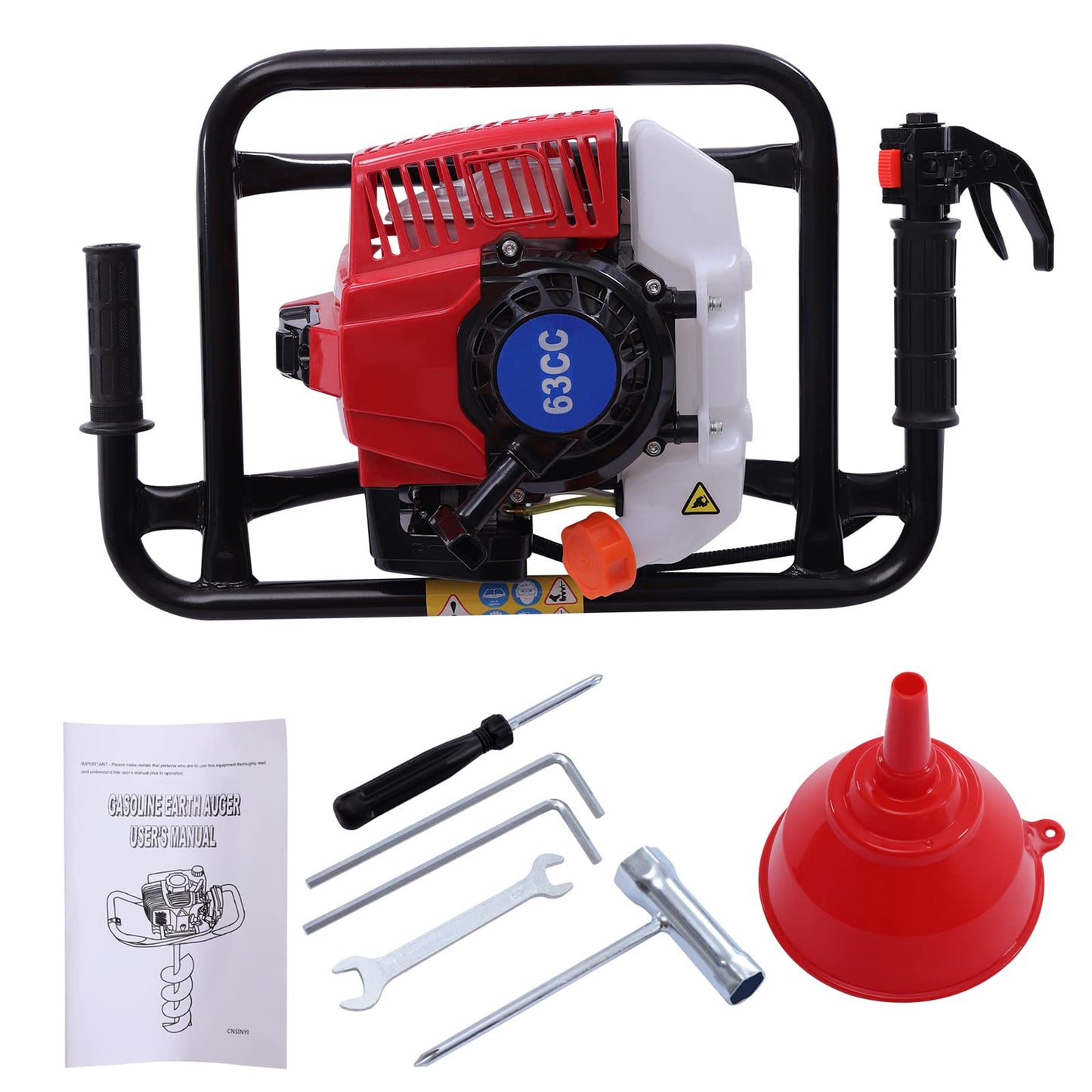 63CC 2-Stroke Post Hole Digger, 3HP Gas Powered Post Hole Diggers Gasoline Trench Digger Single-Cylinder Air-Cooled Gas Post Hole Digger w/ 12in Single Leaf Drill Pipe for Farmland Garden Planting