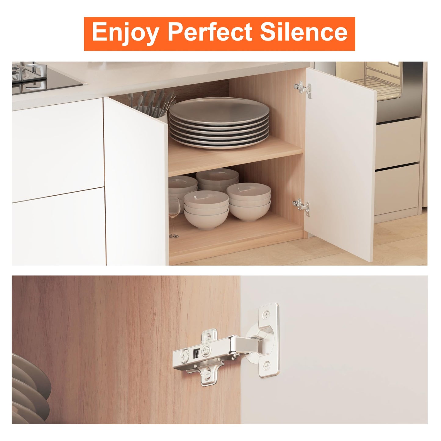 Kimdot 4 Pack Frameless Full Overlay Soft Close Cabinet Hinges for Kitchen 105°Clip on Plate Adjustable Concealed European Door Hinges Nickel Plated Finish